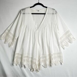 CAbi White Kimono Cotton Topper Sz M Crochet Trim Cottage Fairy Boho Western